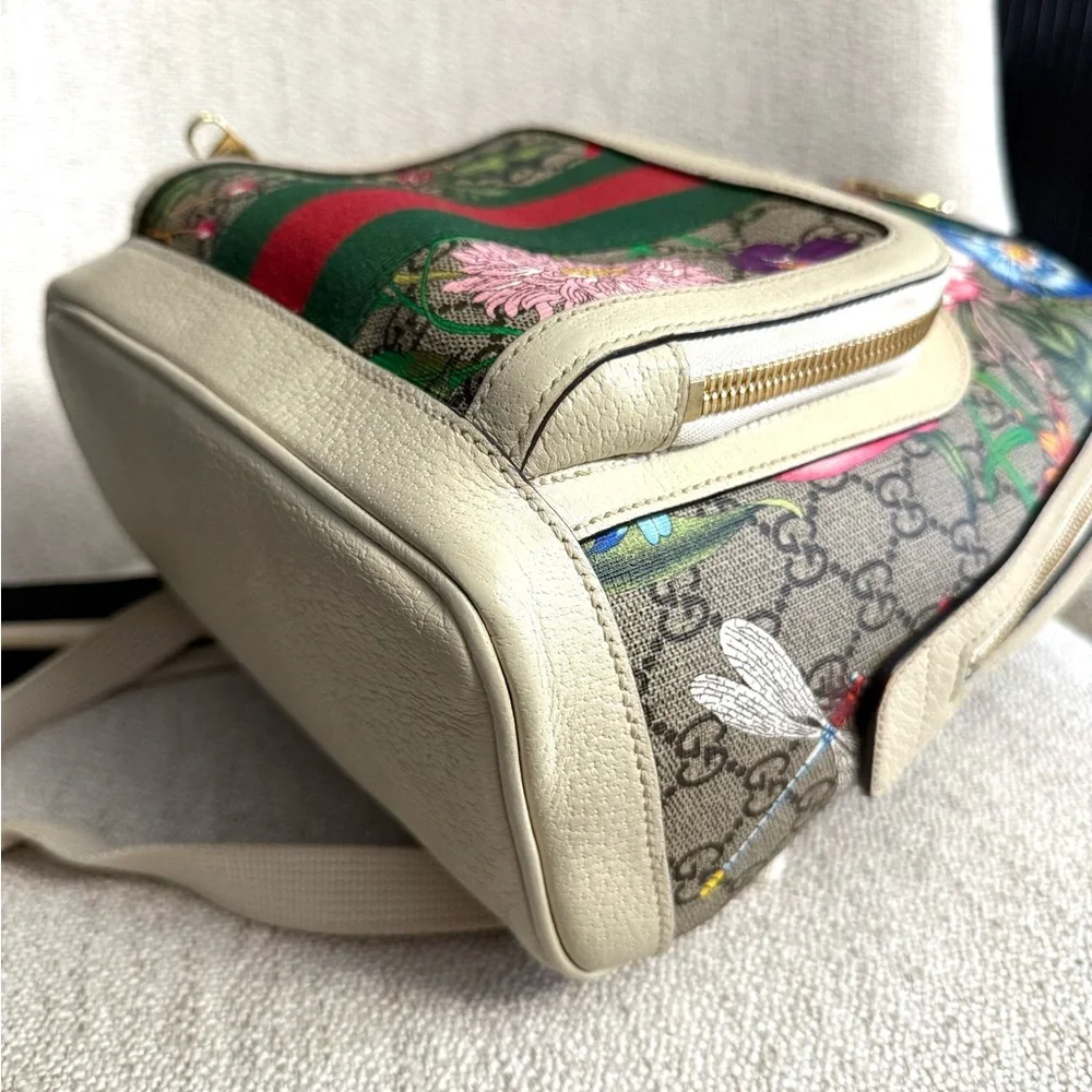 Authentic Gucci Ophidia GG Supreme Flora Backpack bag white leather gold GG logo